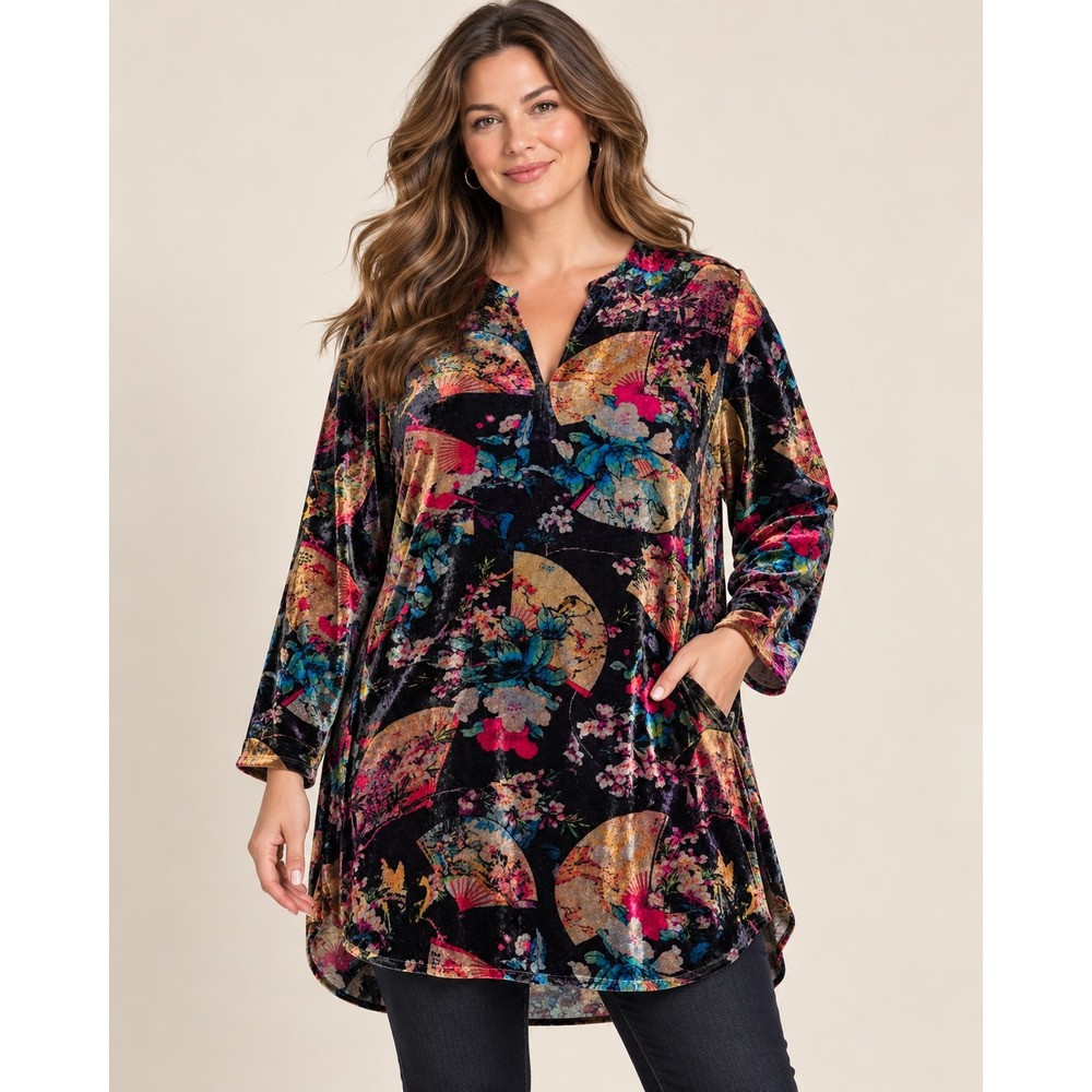 Johnny Was Tunic Fusai Velvet Fan Floral Print Silk Blend Boho L Large